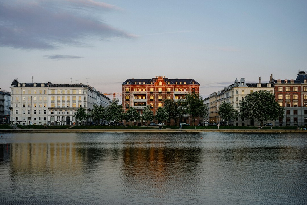 Copenhagen city skyline with colorful buildings at dusk