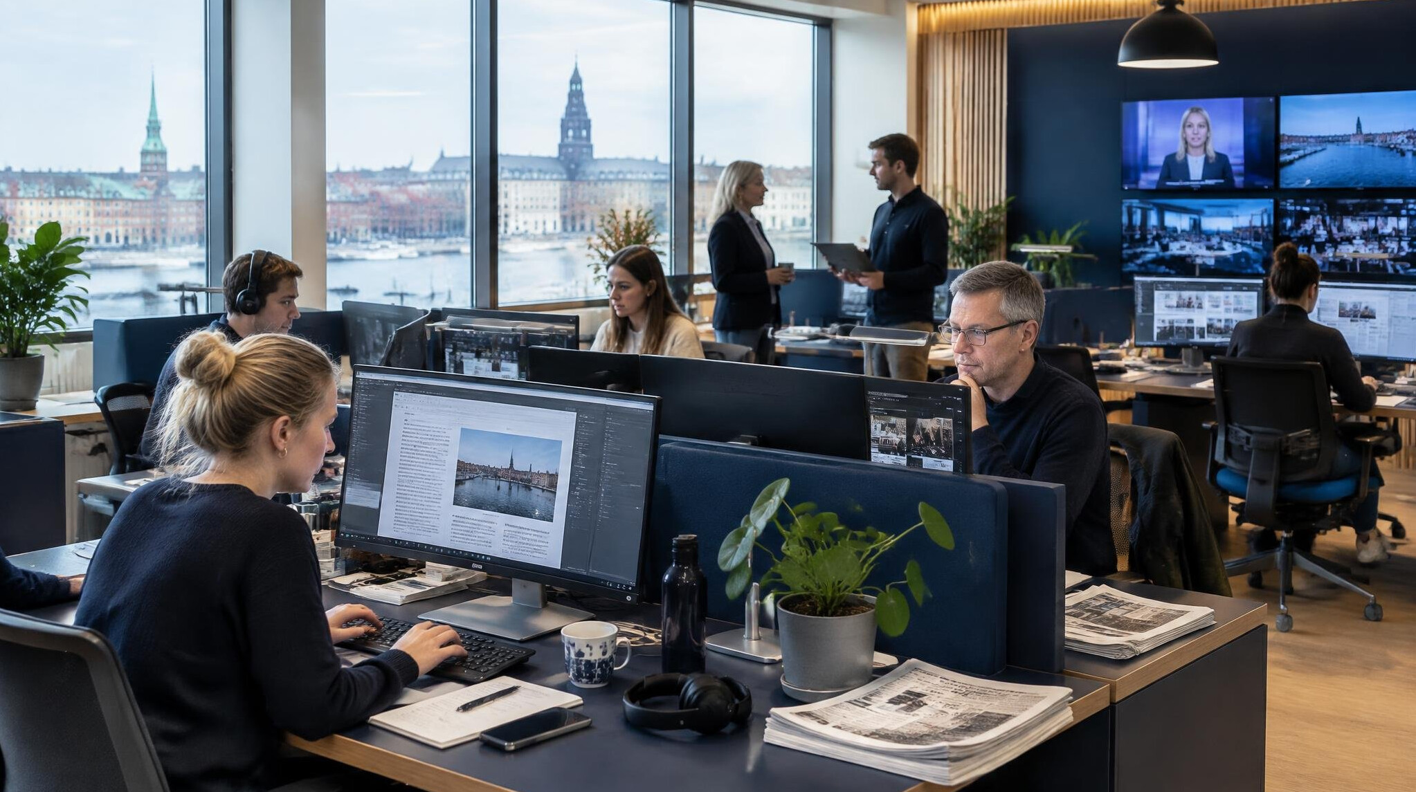 Modern newsroom office with journalists working at desks